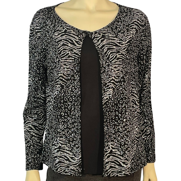 Notations Sz L Cardigan w/Attached Cami Stretch Jersey Knit Glitter Animal Print - Picture 1 of 10